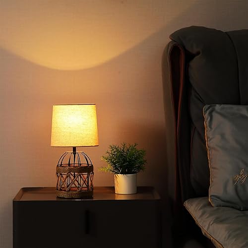 Miniatura 2 de Lámpara de mesa bohemia para dormitorio, pequeña lámpara de noche con base de jaula de metal de ratán y pantalla de lino, lámpara de mesita de noche