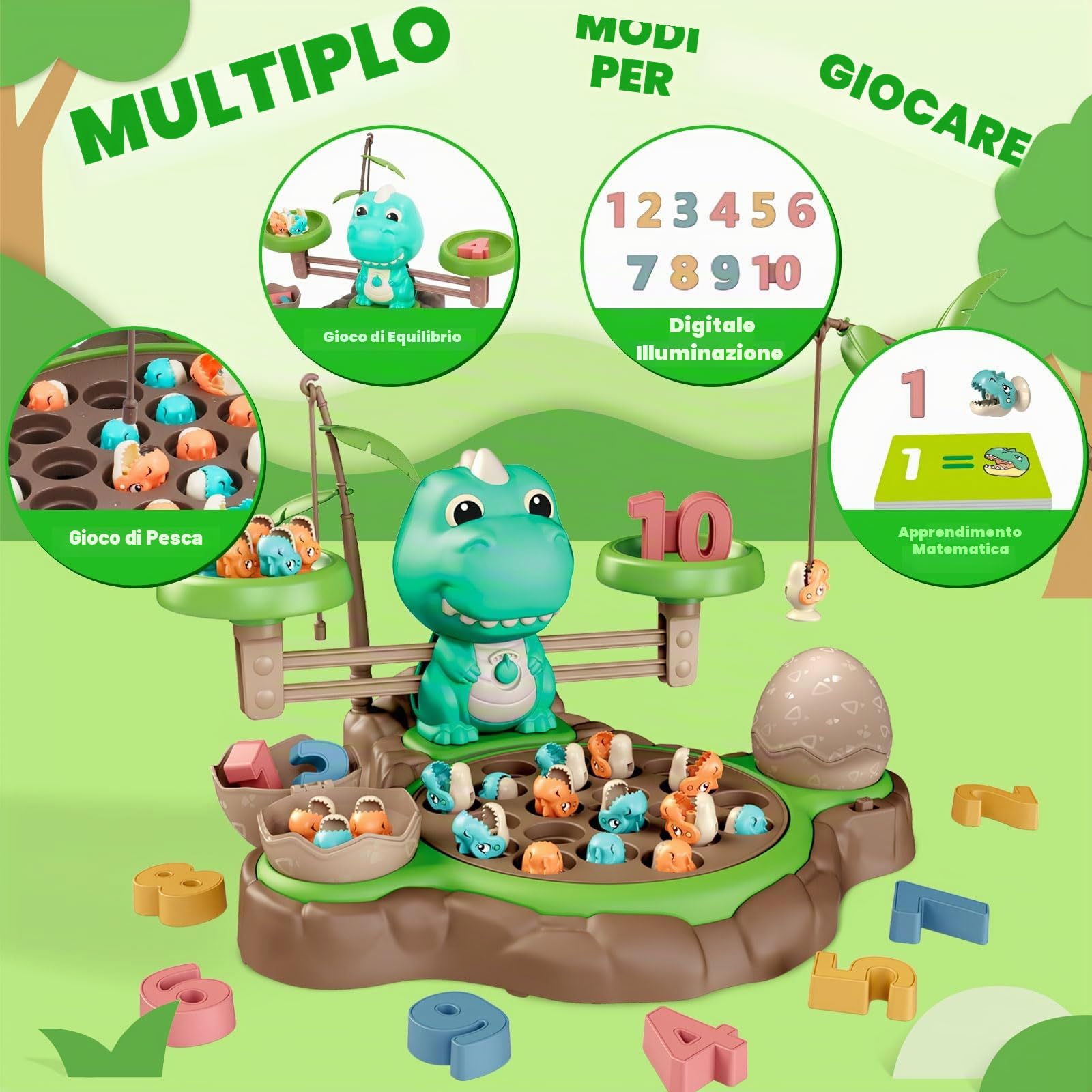 Magnete Multifunzionale Gioco di Pesca con Pesci con 21 Piccoli Dinosauro10 Carte Musica Gioco di pesci Interattivo ed Educativo Bambini 2 3 4 Anni Compleanno Regali di Halloween Ragazzi Ragazze