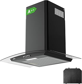 CIARRA CBCB6506B Cooker Hood 60cm 650 m³/h Curved Glass Chimney Hood Black with 3 Speed Recirculating Ducting Kitchen Ventilation Extractor Fan with Carbon Filter