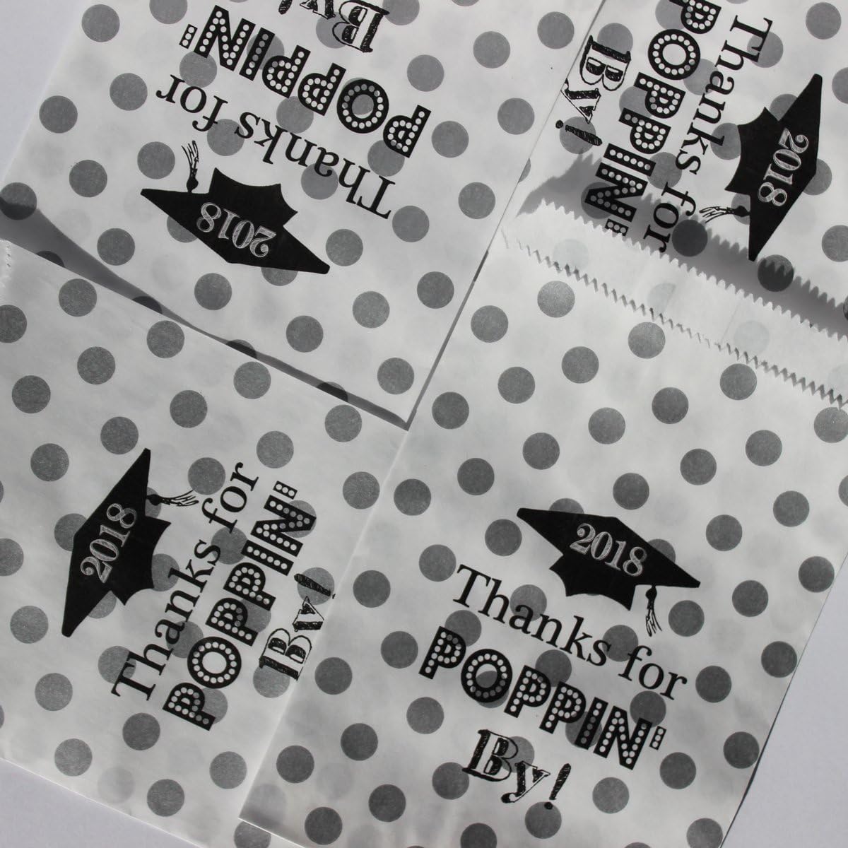 Bakers Bling 2018 Graduation Party Favor Bags with Stickers, Thanks for Poppin By, Silver Polka Dot, 5.5 x 7.5, Set of 48