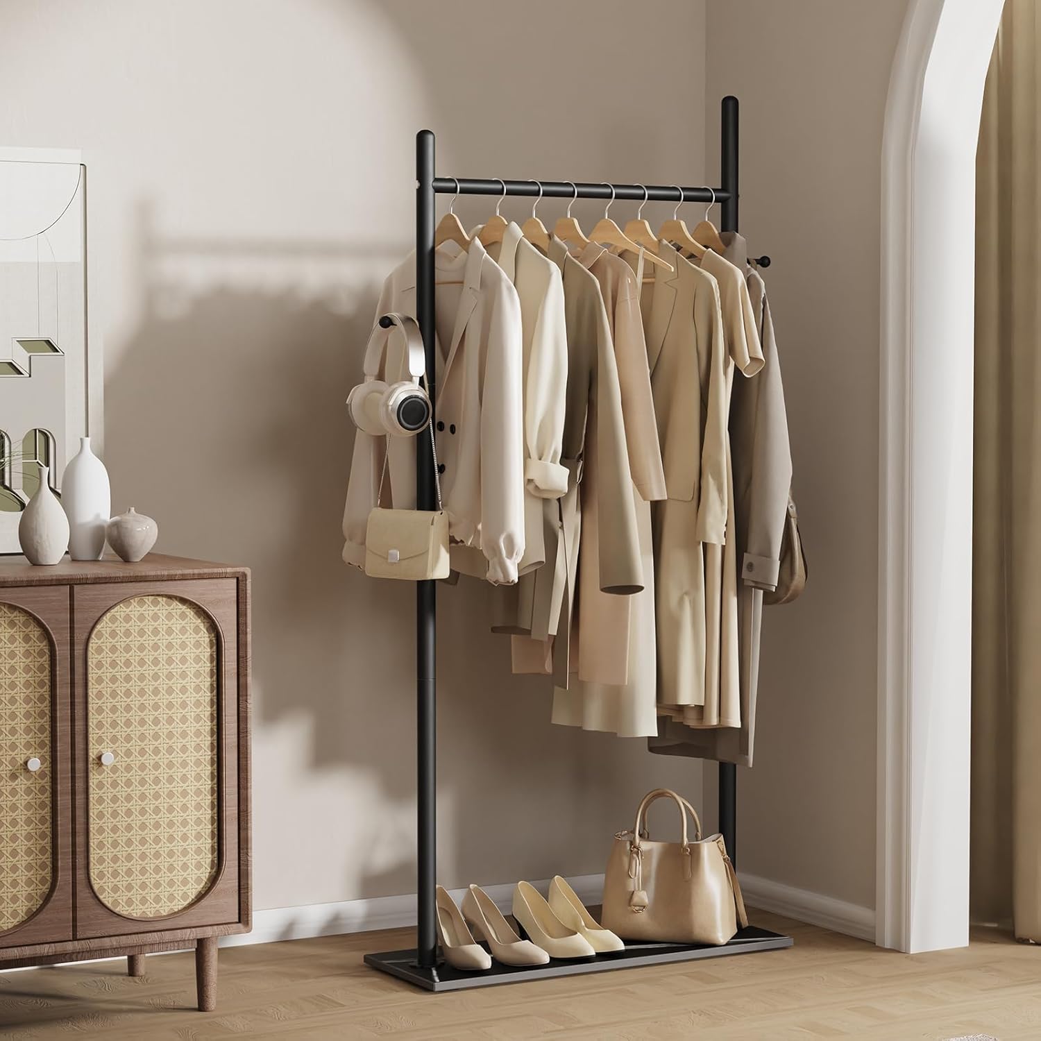 Nianerfaya Clothes Rack with 2 Hooks, Standing Garment Storage for Indoor - Coat Rack for Hanging Clothes for Bedroom - 25.6" Wide Garment Rack Metal Clothing Hanger Rack (Black)