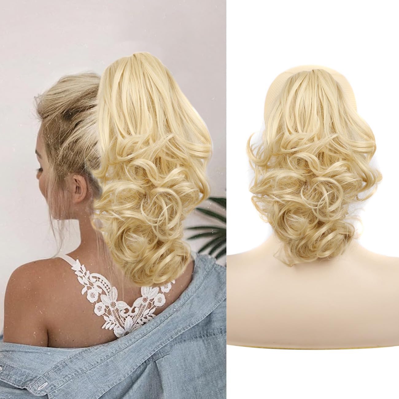 12 Inch Ponytail Extension Curly Ponytail Clip in Claw Hair Extension Natural Short Wavy Curly Pony Tail Hair Extension Synthetic Hairpiece for Women (Golden)