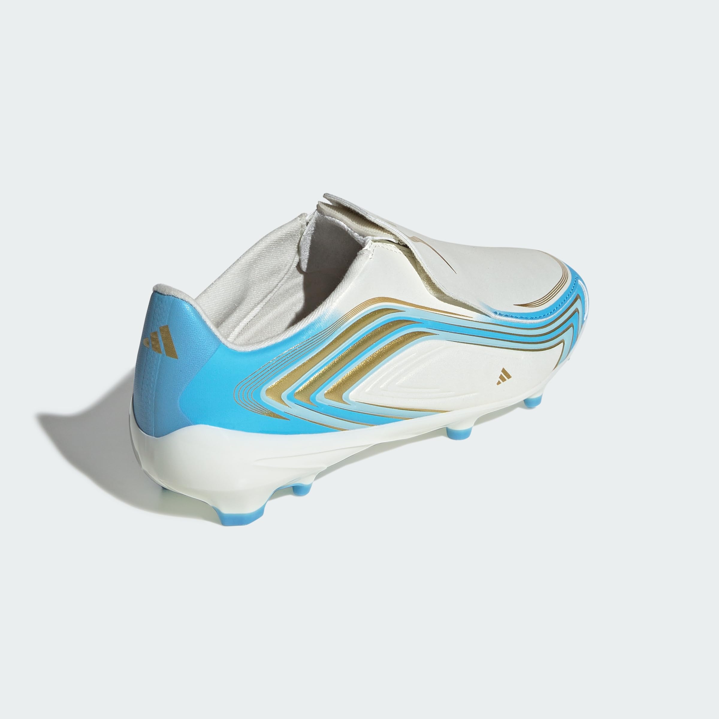adidas Uniseks - dzieci F50 Messi League Laceless Firm Ground Football Boots Kids Shoes, ivory/semi blue burst/icey blue, 38 2/3 EU