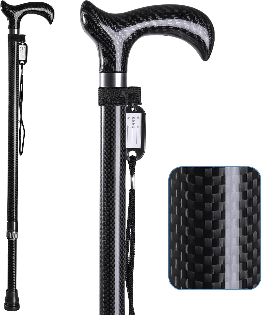 Bastón de Fibra de Carbono para Hombres y Mujeres - 10 Altura Ajustable, Bastón para Equilibrio de Personas Mayores, Bastón de Fibra de Carbono Ultraligero 0.55 Libras, Negro Mate, Capacidad de 350 Libras(Negro)