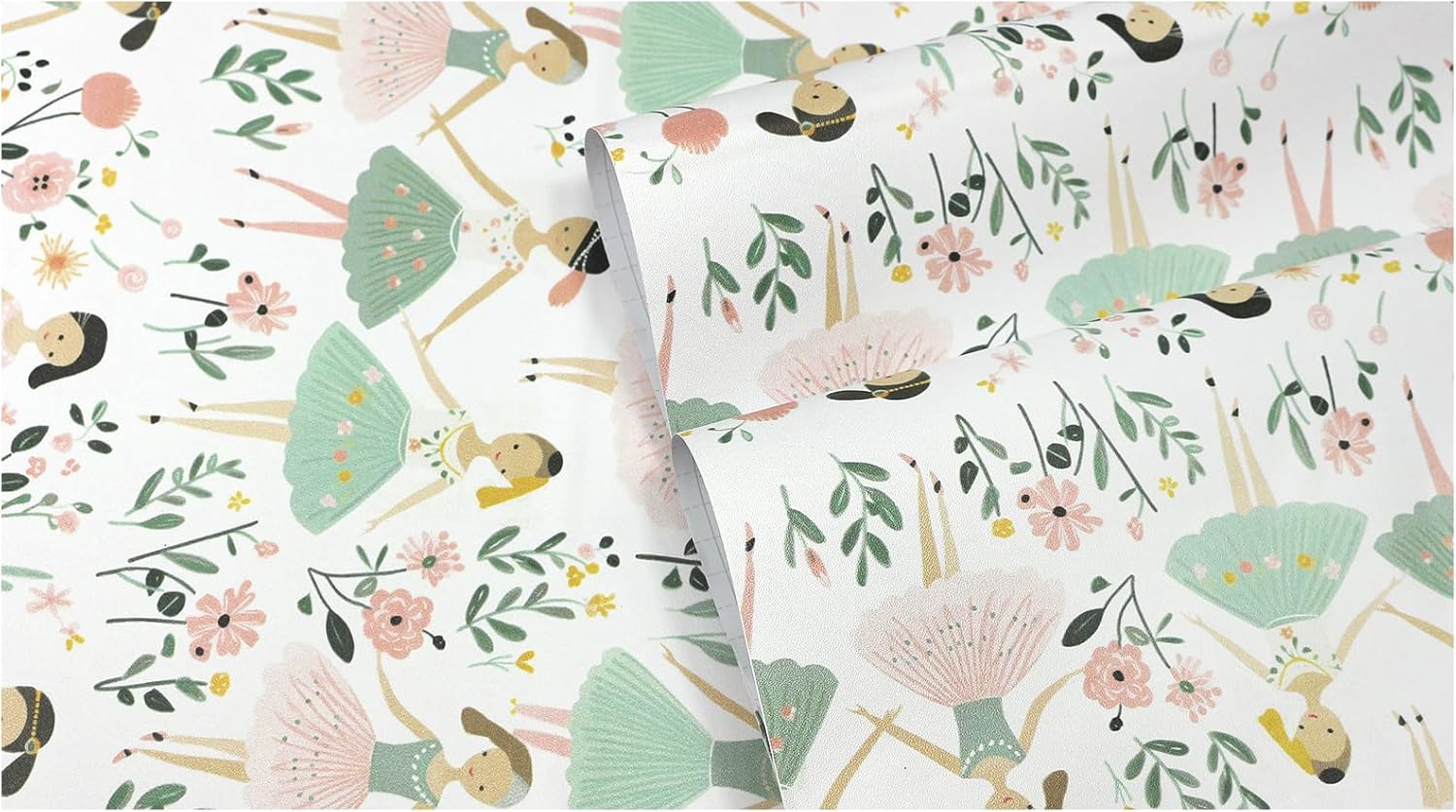 HAOKHOME Nursery Wallpaper Peel and Stick Kids Baby Wall Paper Modern Dancing Girls White/Pink/Green Removable Vinyl Self Adhesive Contactpaper 17.3in x 9.8ft