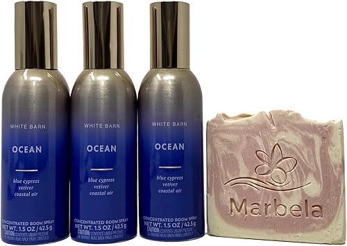 Bath and Body Works White Barn Ocean - Aerosol concentrado para habitación, paquete de 3 con jabón de muestra Marbela