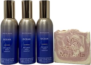 Bath and Body Works White Barn Ocean Concentrated Room Spray Pack of 3 with a Marbela Sample Soap