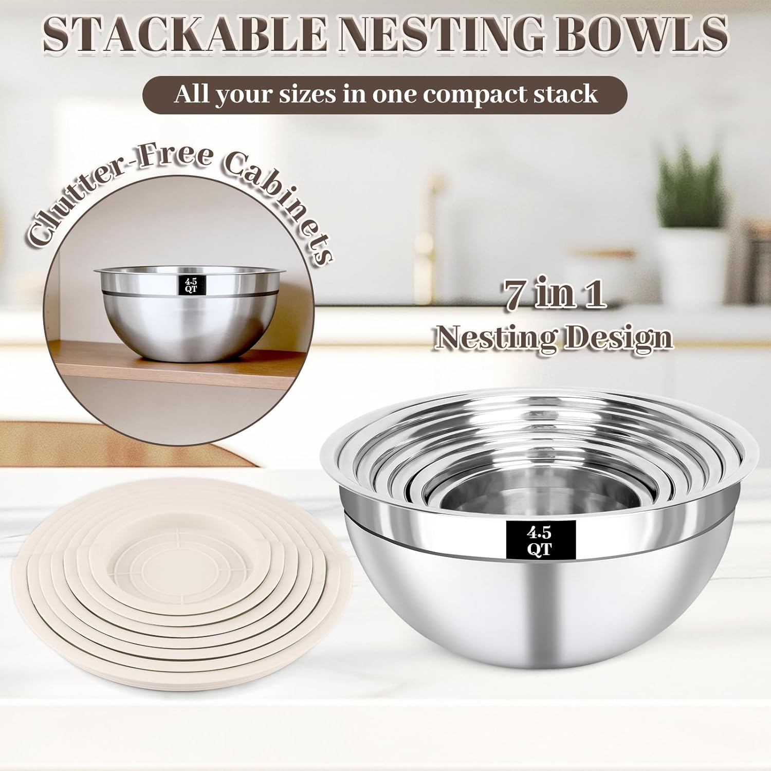 Mixing Bowls with Lids Set - 7PCS Nesting Mixing Bowls, Airtight Lids, Stainless Steel Mixing Bowls for Mixing, Baking & Meal Prep, Dishwasher Safe, Size 0.7/1.1/1.5/2.1/3.5/4/4.5 QT, Khaki