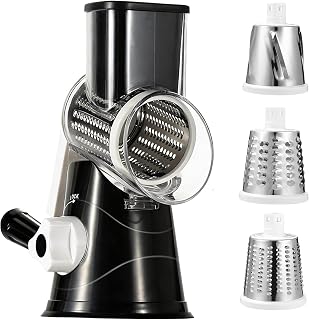 Vegetable Cutter, Crank Cheese Shredder, Multifunctional Vegetable Riser, Vegetable Grater Manual with 3 Replaceable Drum Blades and Non-slip Suction Cup for Cheese, Vegetables and Nuts (Black)