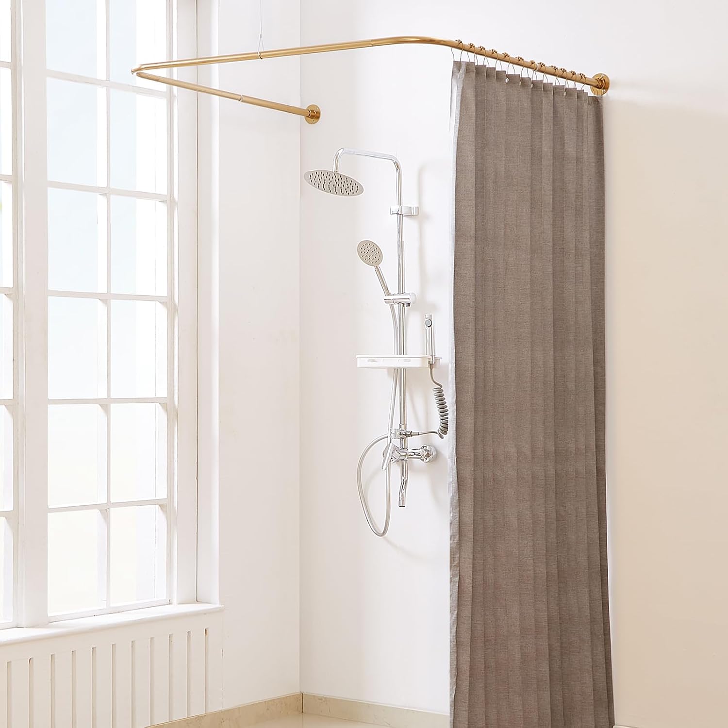 U Shaped Shower Curtain Rod, [Both Sides: 23.6"-52", Middle: 31"-47"] Adjustable U Shape Outdoor Shower Rod Corner Curtain Pole for Bathroom Bathtub with 12 Hooks & Ceiling Support