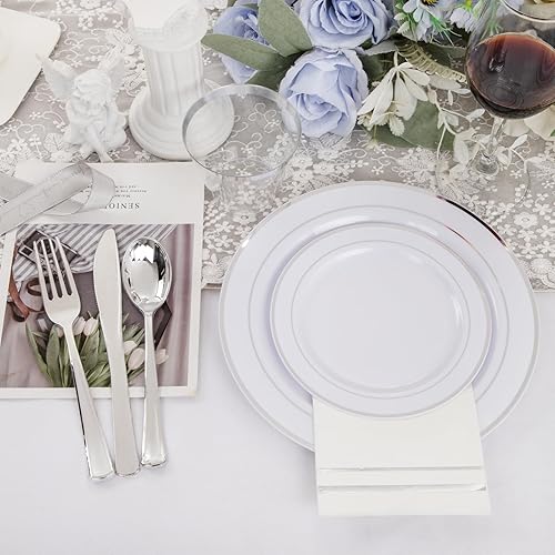 Miniatura 7 de GATHER 350 platos de plástico blanco y plateado con cubiertos desechables para fiestas, bodas y día de la madre, incluyendo 50 platos llanos de 9