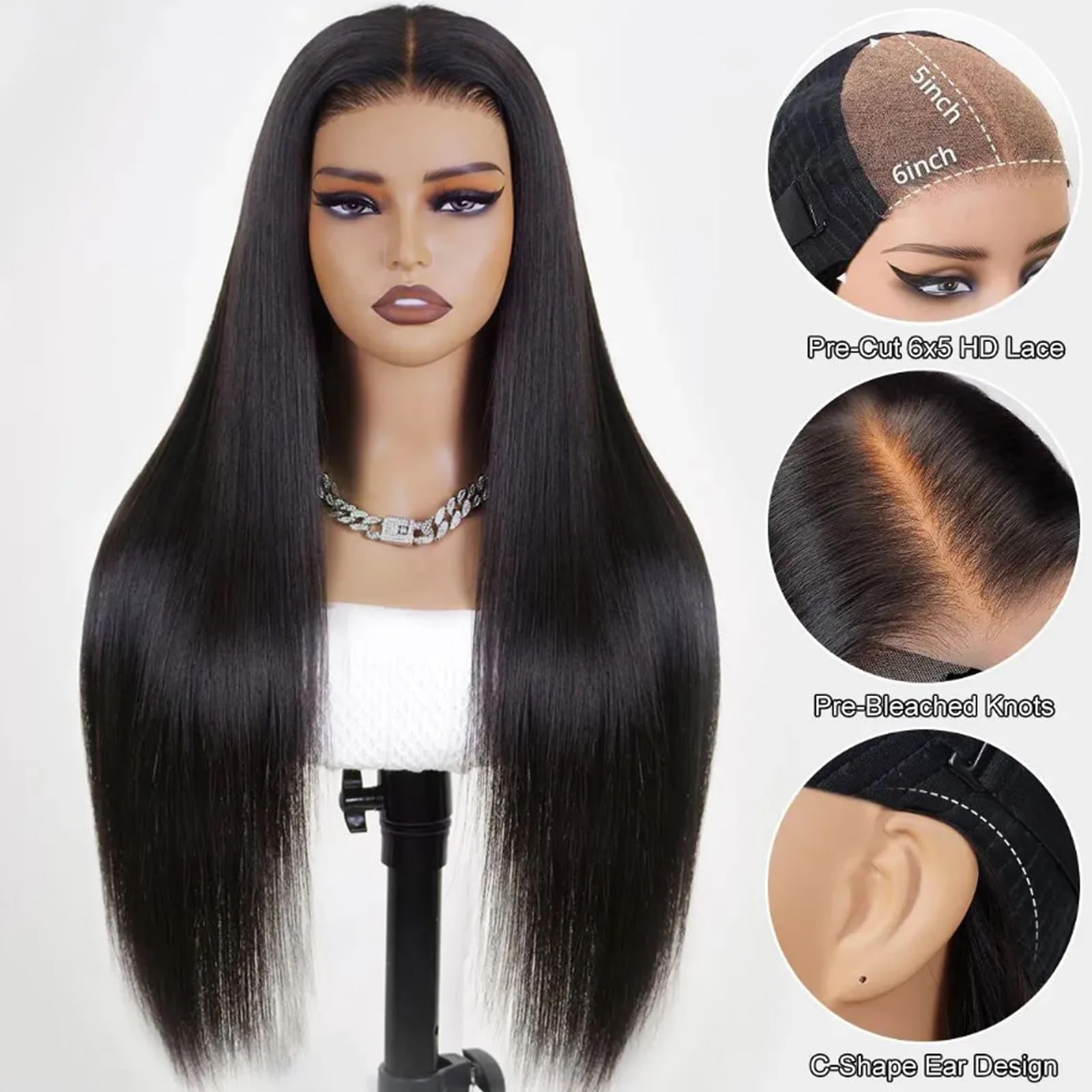 28" 6x5 Wear And Go Parrucche Senza Colla Pre-Cut 200% Densità HD Dritto Lace Frontale 100% Remy Umano Capelli D