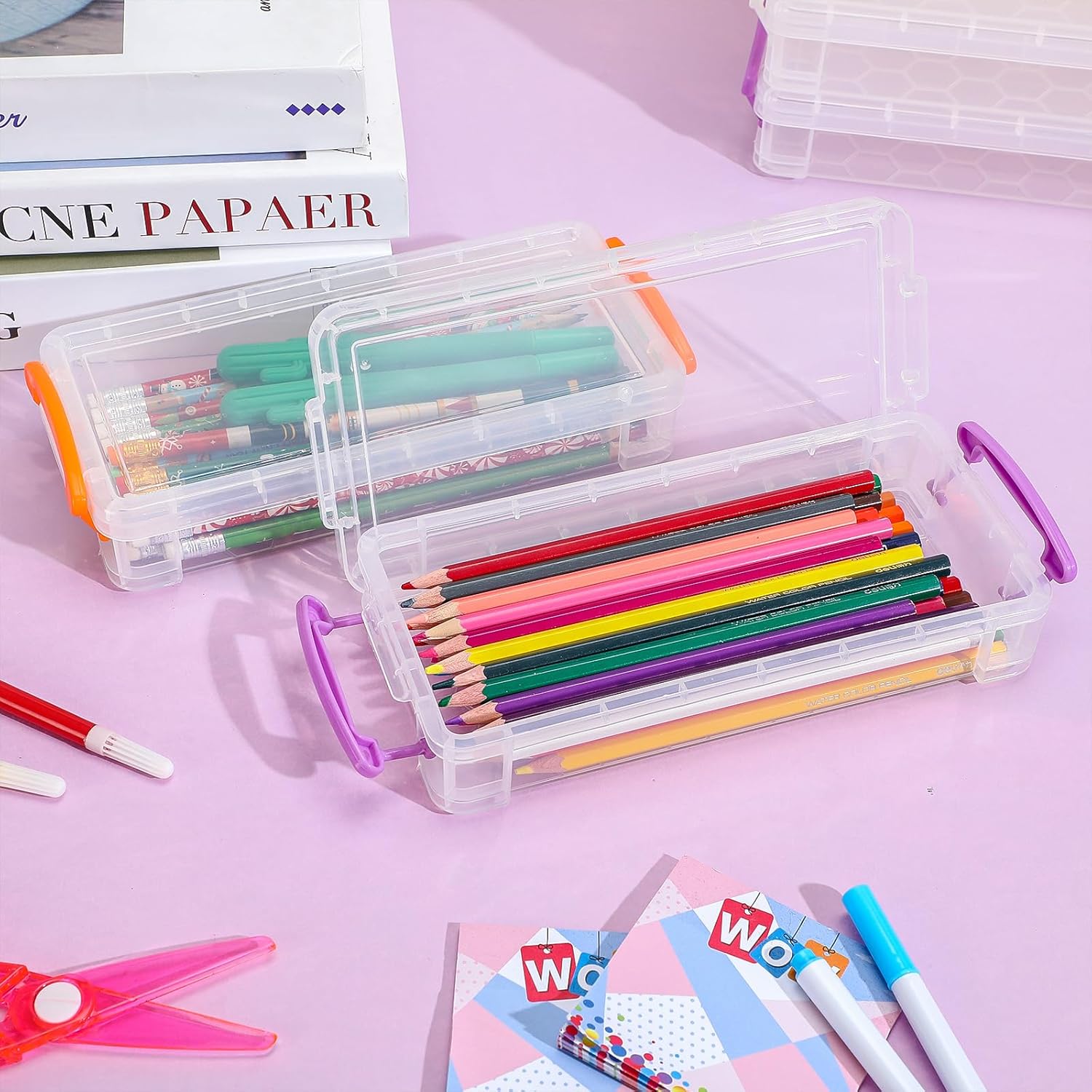 Crtiin 12 Pack Plastic Pencil Box Clear Large Capacity Pen Case Operation Christmas Items Stackable Storage Organizer Box for Office Supplies Marker, 8.46 x 1.65 x 4 Inches (White, Orange, Purple)