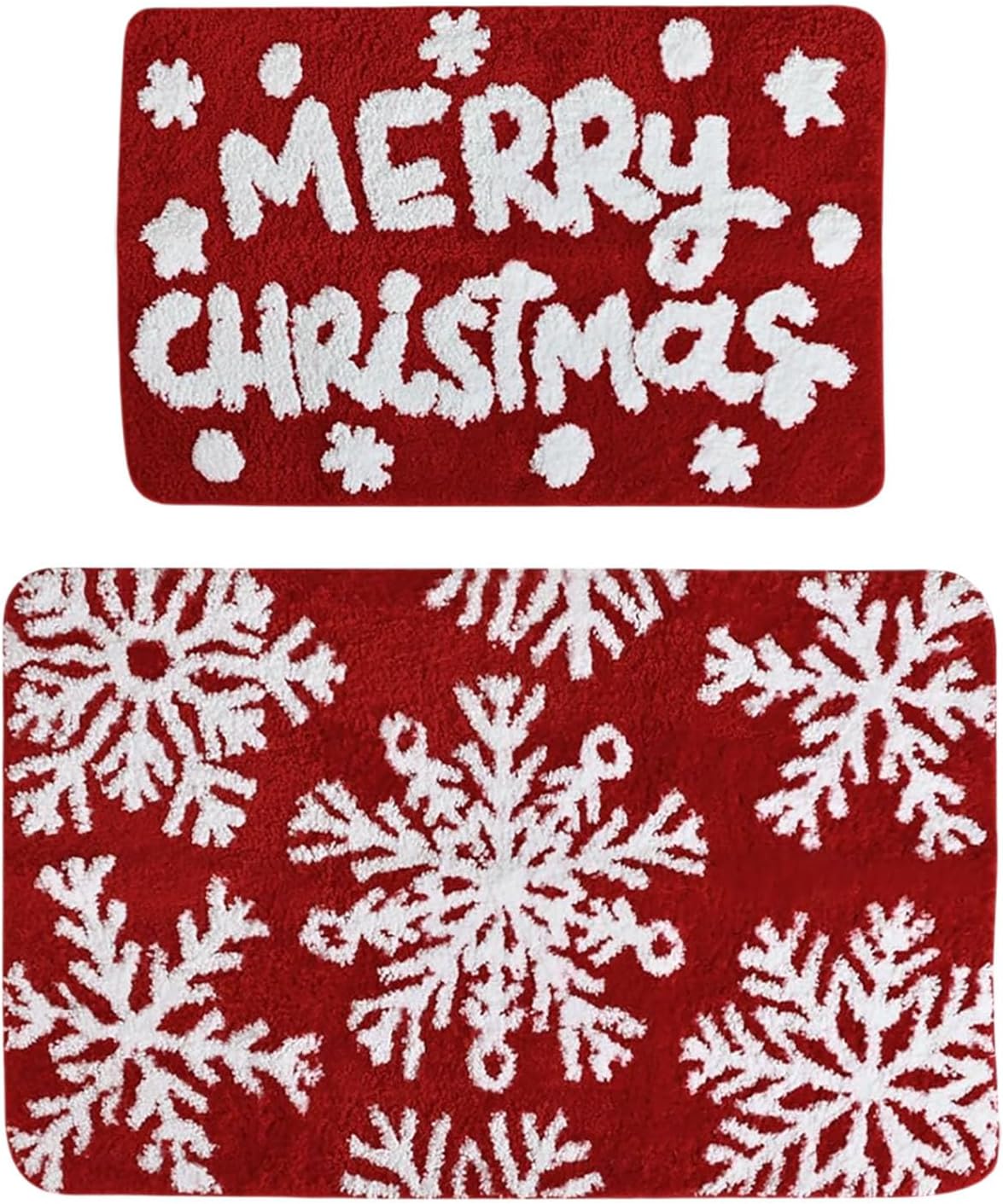 Christmas Bathroom Rugs Set 2 Pieces, Soft Absorbent Bath Rug Non Slip Washable Bathroom Mat Holiday Xmas Home Decor Indoor Bath Mat, Merry Christmas Decorations (Red)