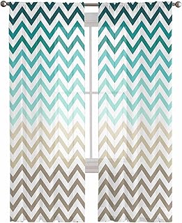 Zigzag Sheer Curtain Panels 84inches Long, Teal Brown Stripes Rod Pocket Semi Sheer Curtains for Bedroom, Living Room, 2 Panel Set Washable Window Curtains & Drapes