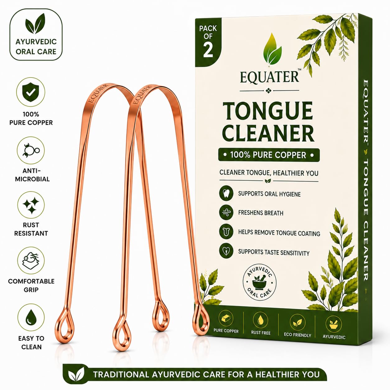 Equater Pure Copper Tongue Cleaner for Adults | Tongue Scraper for Oral Care | Ayurvedic Tongue Cleaner | Pack of 2 | Made from Pure Copper for Daily Oral Care