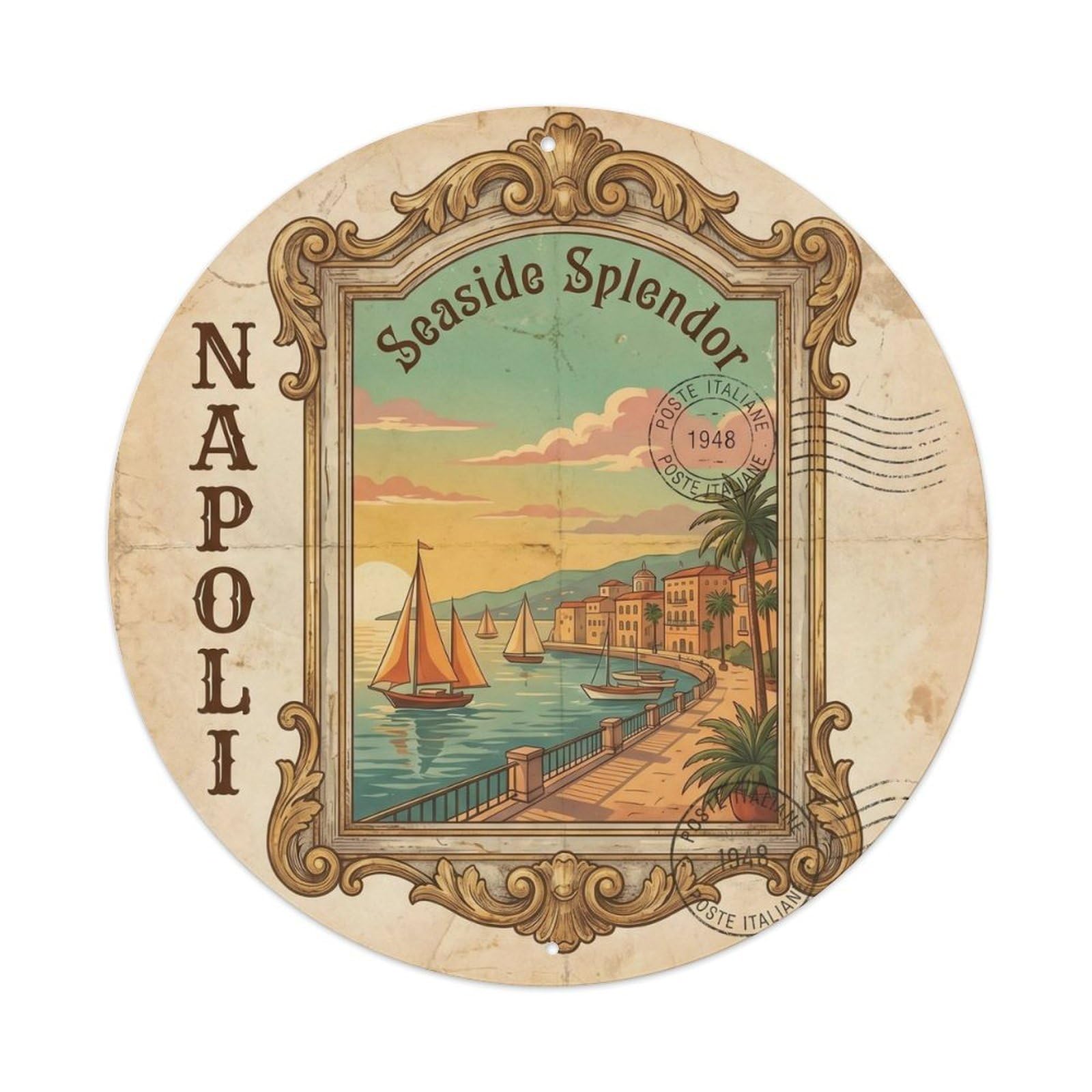 Naples Coastal Italy Retro City Map Seaside Cityscape Metal Tin Sign Plaque Wall Decor for Cafe, Man Cave, Club Bar, Office, Home Garden Round Metal Poster 8x8Inch