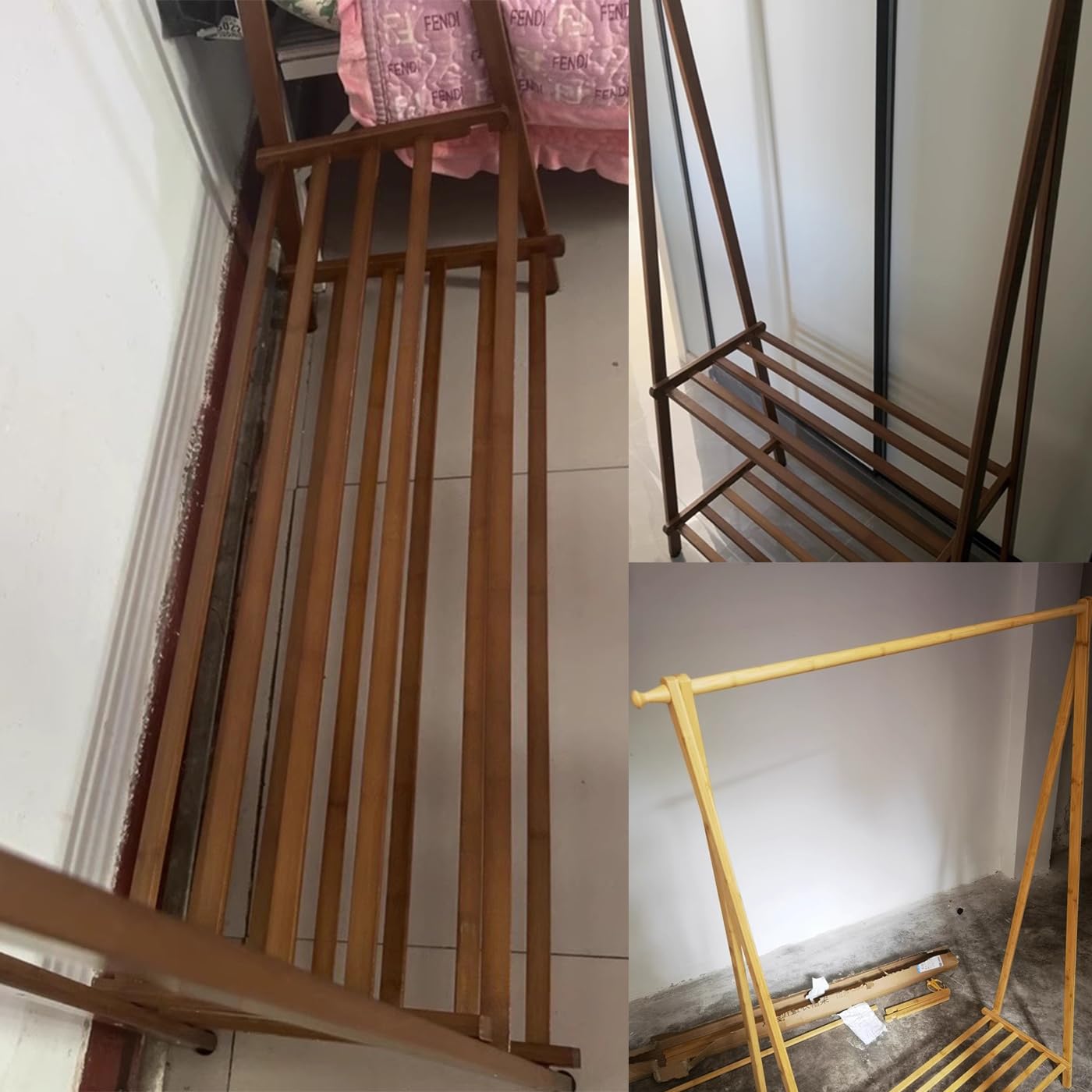 Garderobenständer/Kleiderständer Bambus mit Haken und 2 Ablagen | Kleiderstange, klappbar, 160 cm Hoch, Multifunktional Garderobe für Kleidung, Hut, 1 Min Montage : 66/86/116CM