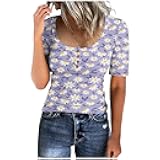 Summer Tops for Women 2024 Vintage Floar Print Blouse Tees Casual Square Button Up Neck Short Sleeve Shirts Tshirt