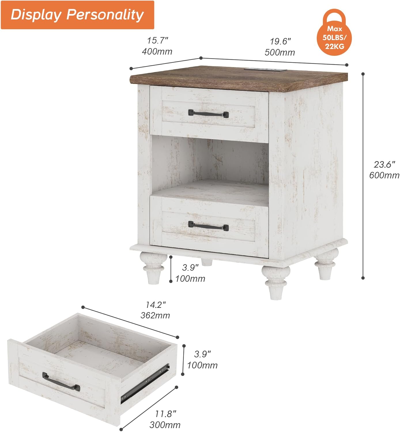WAMPAT Side Table Nightstand with Charging Station & 2 Drawers, Farmhouse End Table for Living Room, Retro Night Stand Light Wood Bedside Table for Bedroom, Antique White
