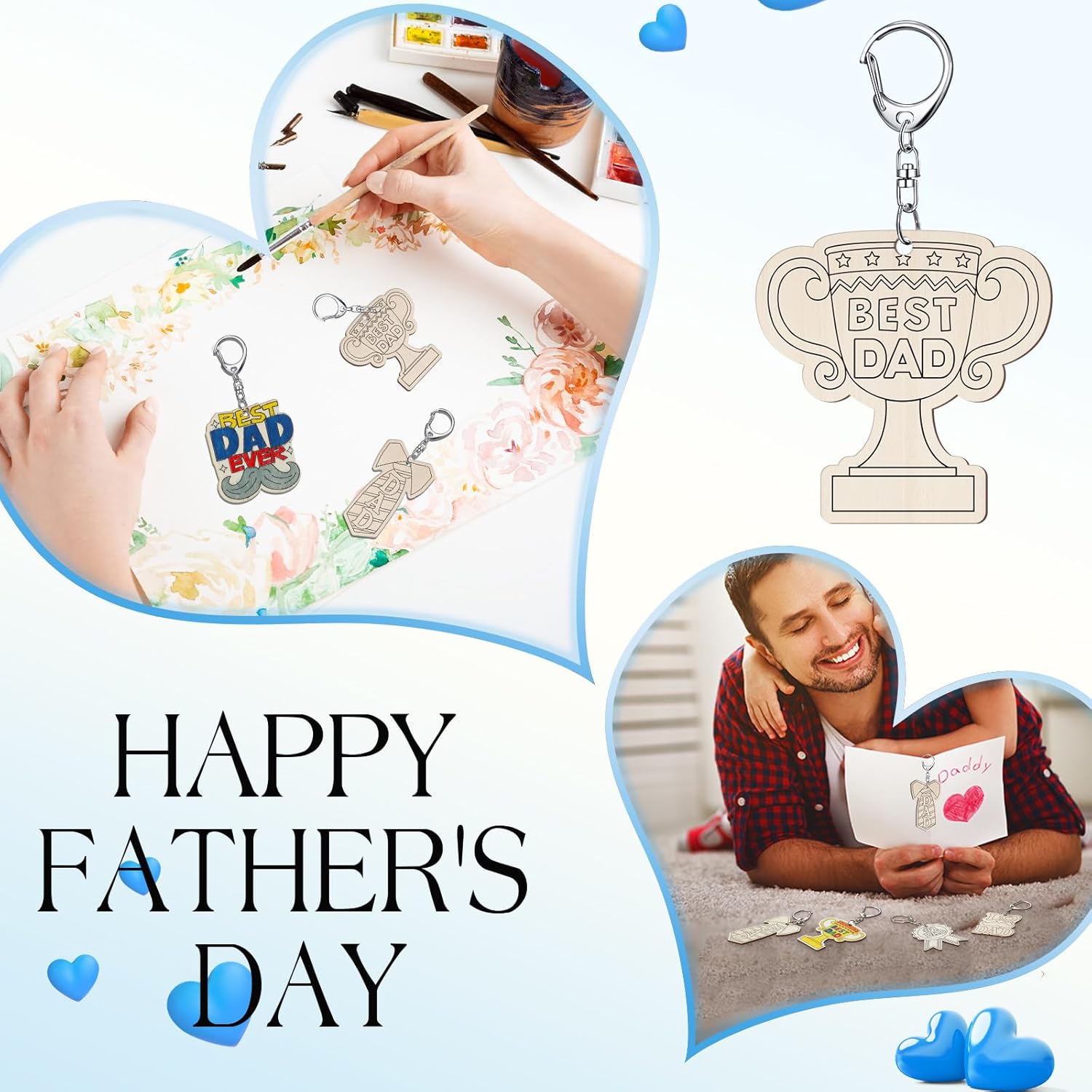 24 Pcs Dad Craft Color Your Own Keychains DIY Craft Wooden Blank Keychains for Sunday School Classroom Home Active Party Favors Gifts, 12 Styles