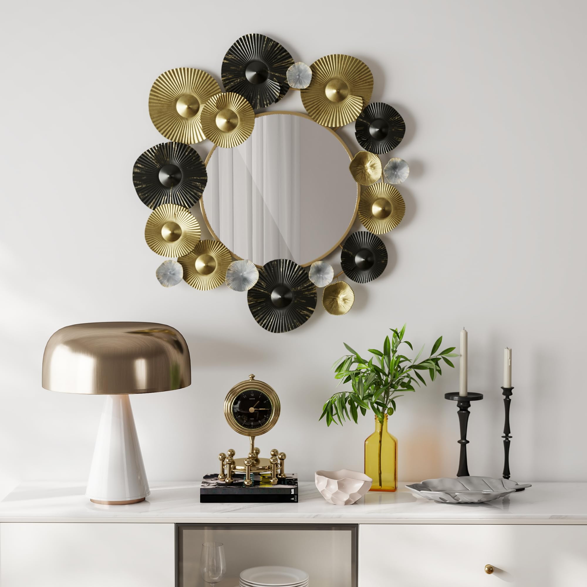 HOMCOM Espejo Decorativo de Pared, Metálico, 84x84 cm, Dorado y Negro | Adorno de Pared, con Espejo Decorativo, para Salón, Dormitorio, Pasillo