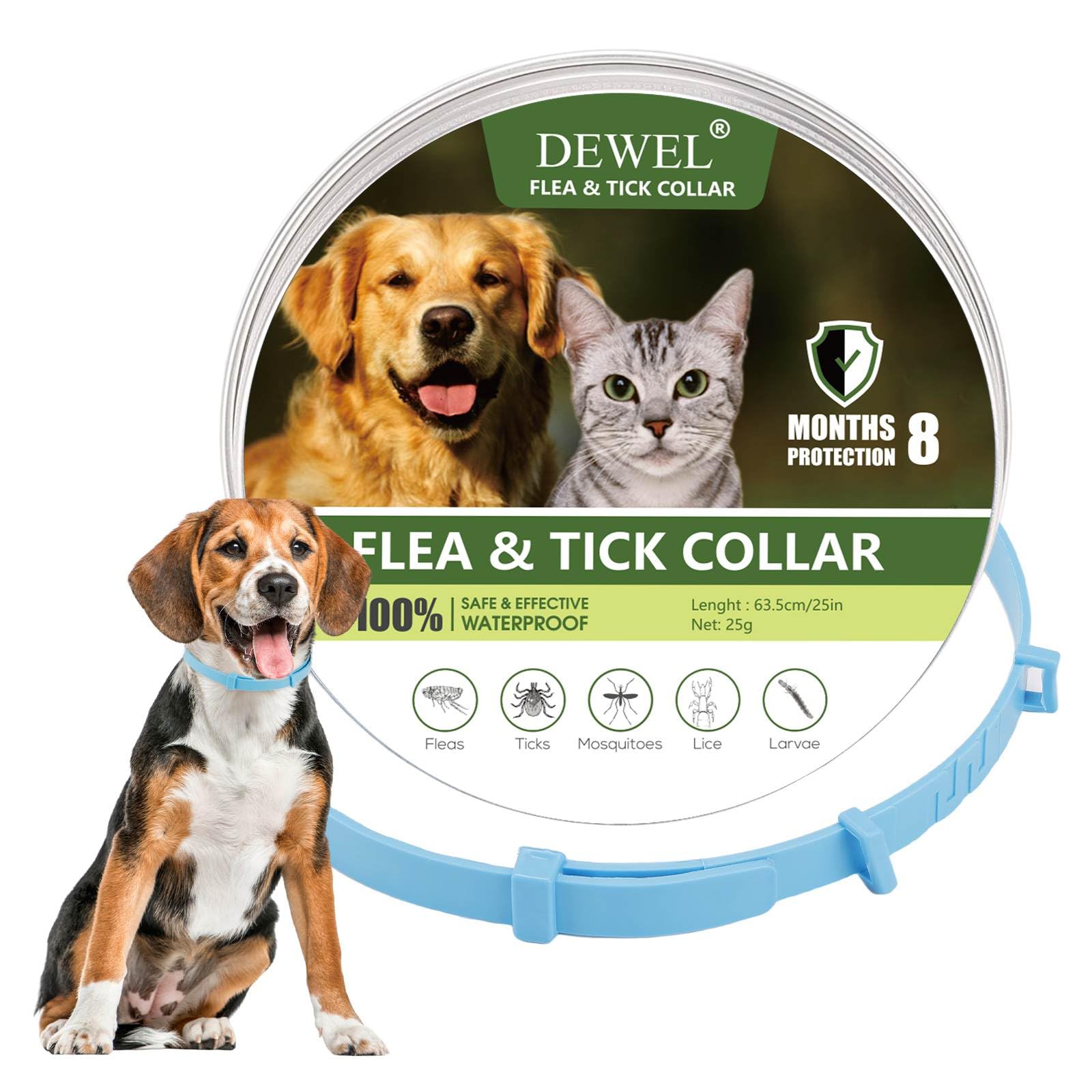 DEWEL Collar Antiparasitarios para Perros Grandes Medianos y Pequeño, Collar contra Pulgas y Garrapatas para Mascotas 6-8 Meses, Collar Antipulgas Impermeable y Cortable de 61 cm (Azul)
