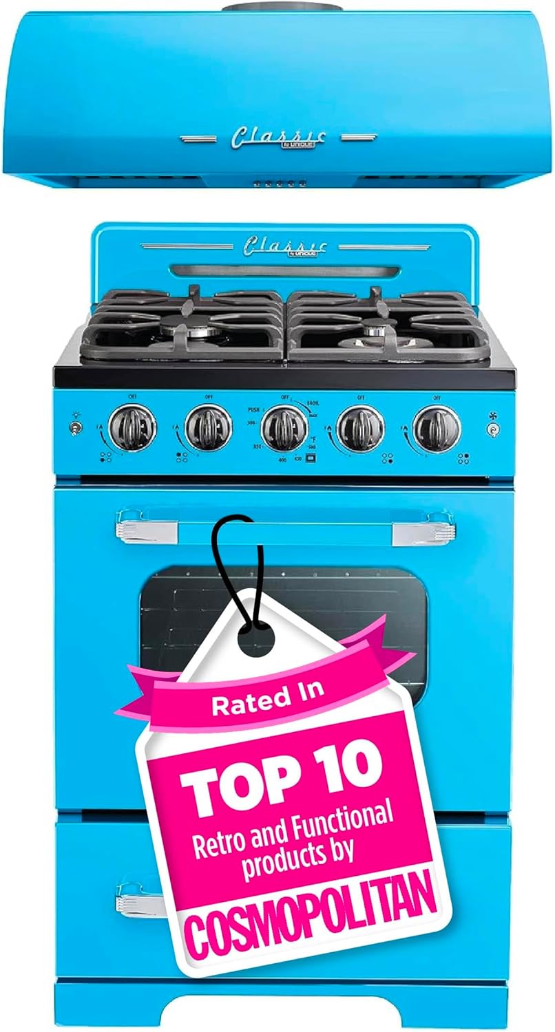 Unique Appliances UGP-24CRP-RB Classic Retro 2-Piece Freestanding Gas 3 Fan Speed-Electric Hood, Range with Convection Oven and 4 Burners, 24", Ocean Mist Turquoise