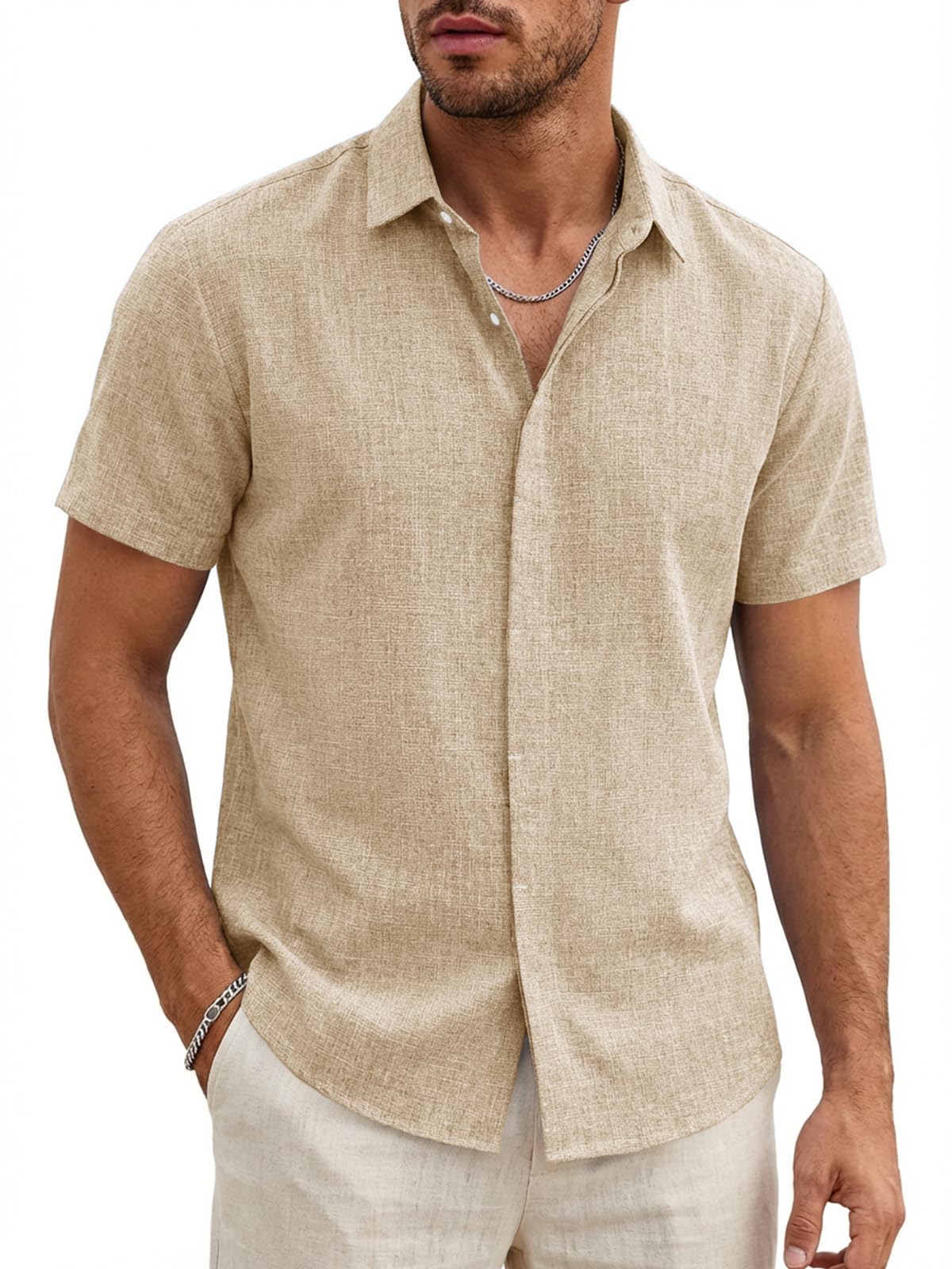 Runcati Chemise d'été légère à manches courtes pour homme - Coupe droite - En lin - Pour mariage, affaires, plage - Décontractée - Couleur unie