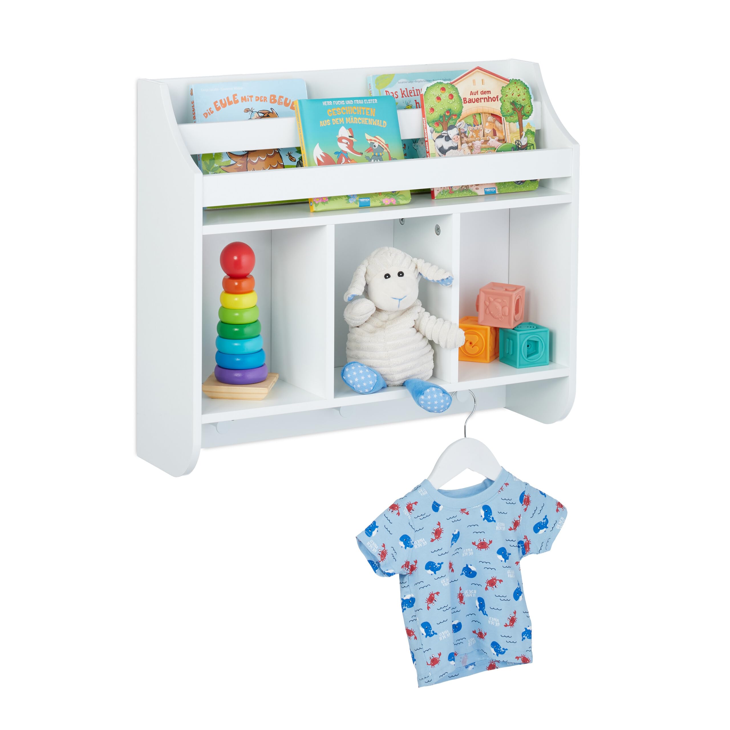 Relaxdays Kinderregal mit 5 Fächern und 3 Haken – weißes Wandregal (H 51,5 x B 60 x T 17,5 cm)