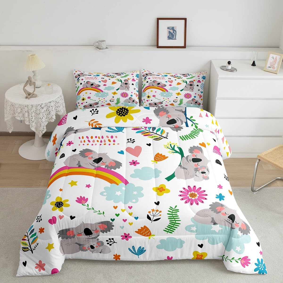 Erosebridal Kids Koala Bedding Set Cute Safari Animals Comforter for Boys Girls Flowers Butterfly Comforter Sets Cartoon Rainbow Comforter Bedroom Decor 1 Pillow Case Twin Size