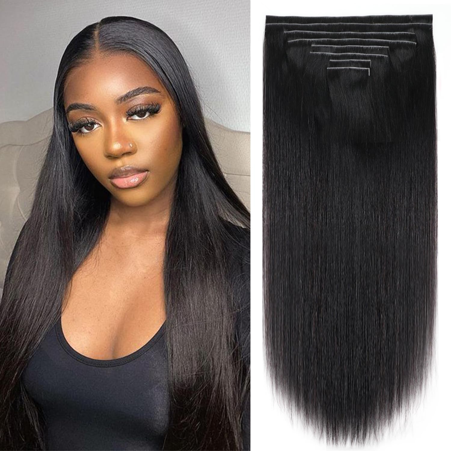 Injected Clip in Extension Human Hair Straight Clip Ins for Women Brazilian Injected Clip ins Human Hair Natural Color 8 Pcs with 18 Clips 120g/Set (20 inch)