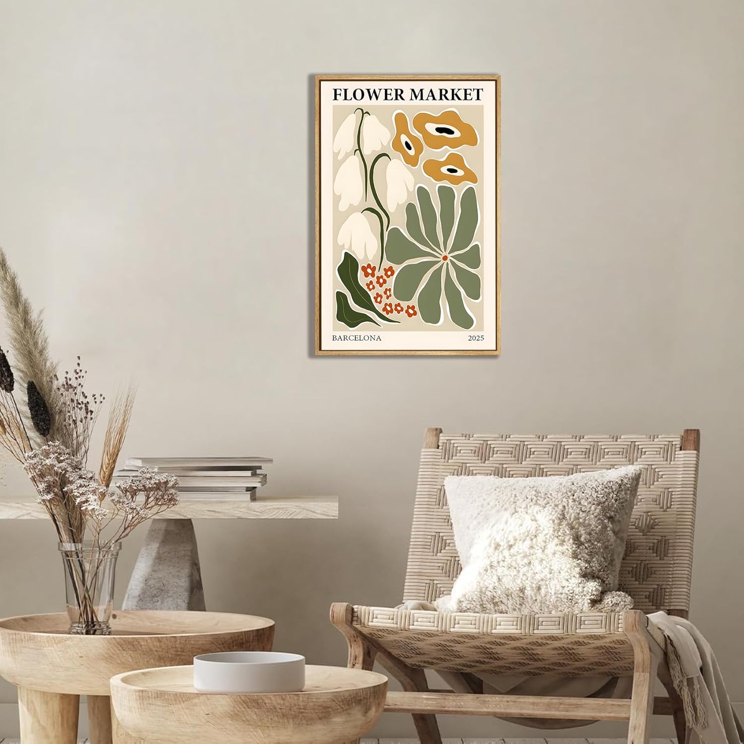 Gufro Flower Market Framed Canvas Wall Art，Green Fresh Boho Floral Wall Decor，Abstract Colorful Botanical Painting-16x24in