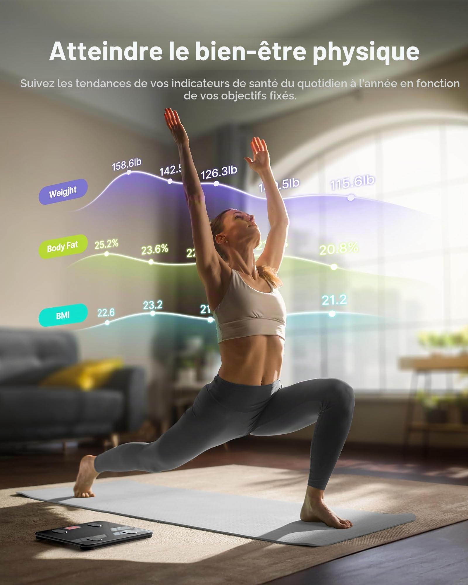 Pèse Personne Impédancemètre, FITINDEX Balance Connecté, Pèse-Personne Bluetooth Balance Salle de Bains Impedancemetre avec 13 Données Corporelles (BMI/Muscle/Graisse Corporelle/Masse Osseuse), Noir