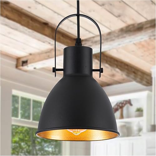Imfurlayo Vitage - Lámpara colgante negra con acabado dorado, estilo granja, mini lámpara colgante negra retro industrial para isla de cocina,