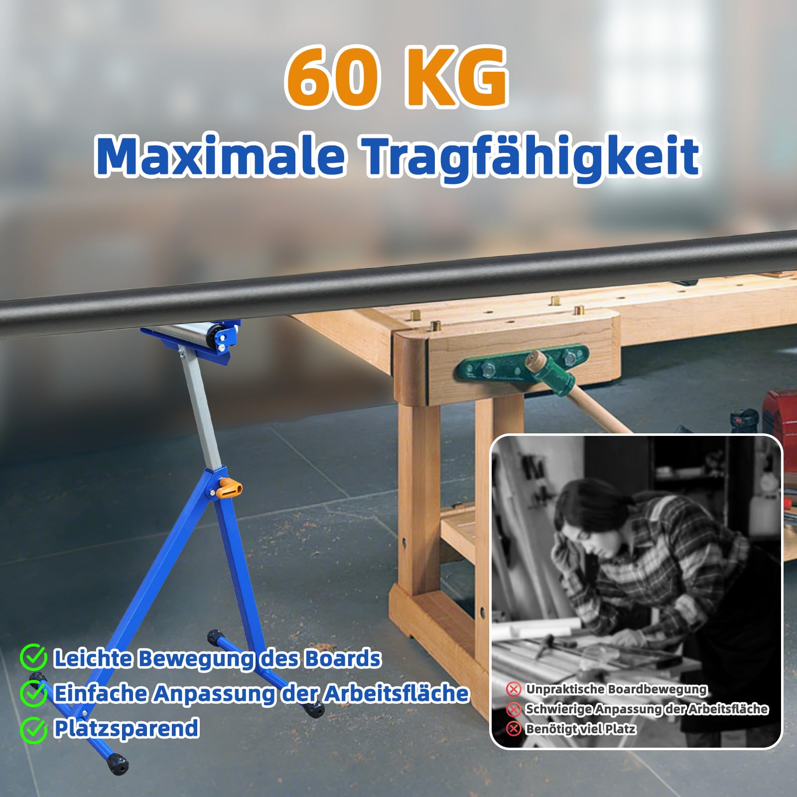 SoonTools 3-in-1-Rollenständer Für Die Holzbearbeitung, 60kg Tragfähigkeit, | Höhenverstellbar 68-112 cm, Robuster Klappständer Aus Edelstahl, Für Tischsäge, Gehrungssäge