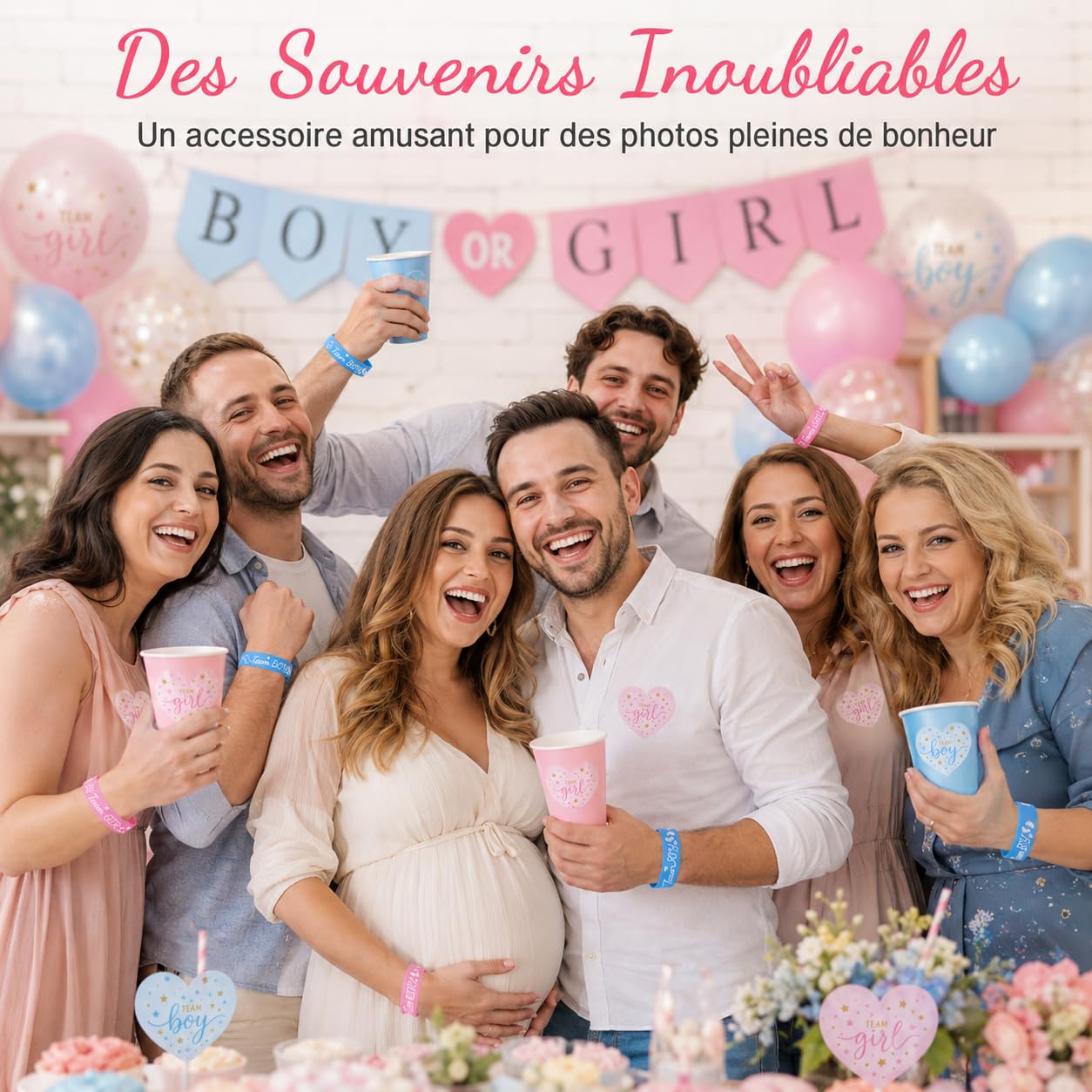 Kit de Révélation de Genre 60 Pièces avec Bracelets Silicone et Autocollants Cœur pour Annonce Grossesse