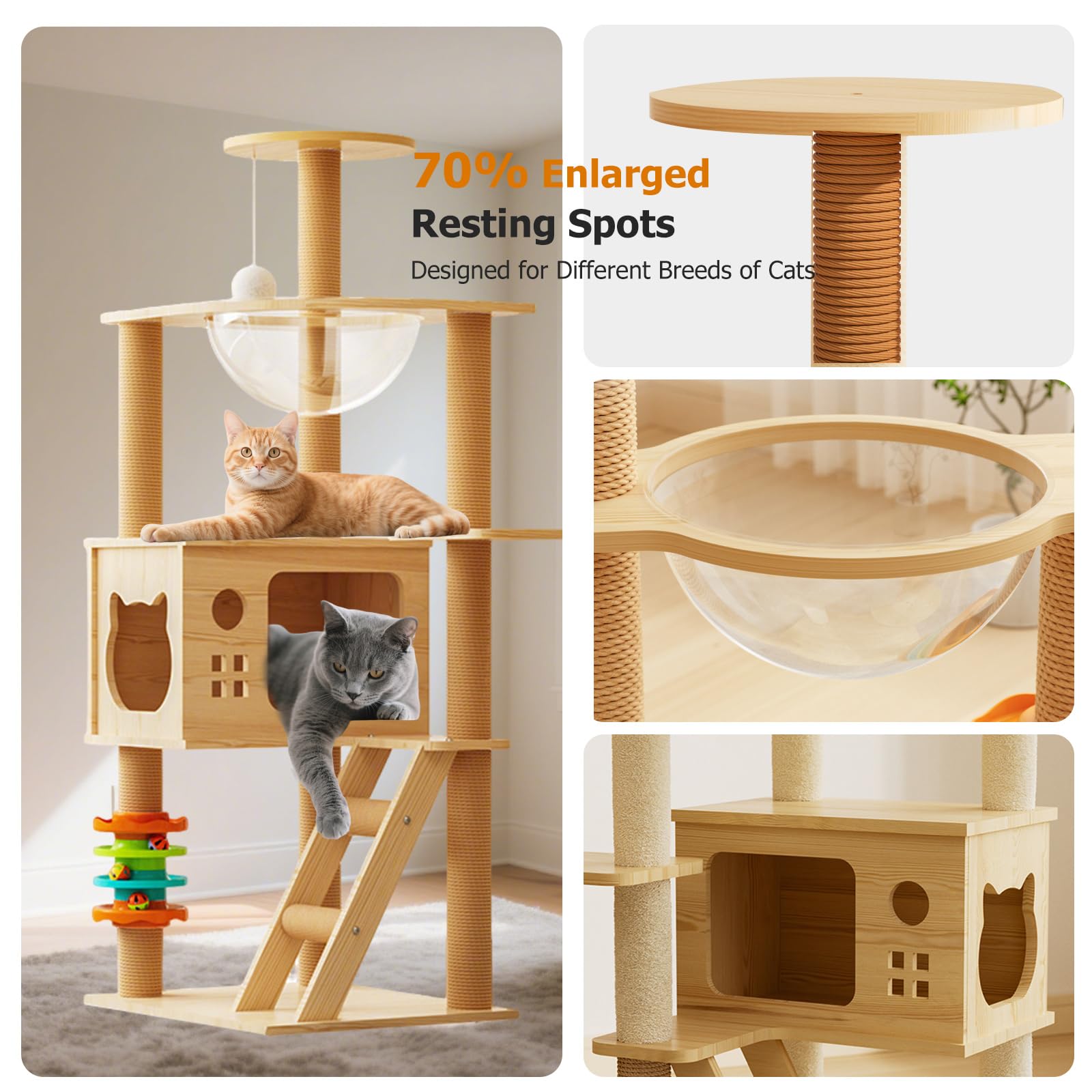 PETCUTE Torre per Gatti da Interni, Moderno,A Più Piani,Albero Tiragraffi in Legno per Gatti con Albero in Sisal, Capsula Spaziale,Piattaforma di Osservazione,Grotta,Pallina Giocattolo