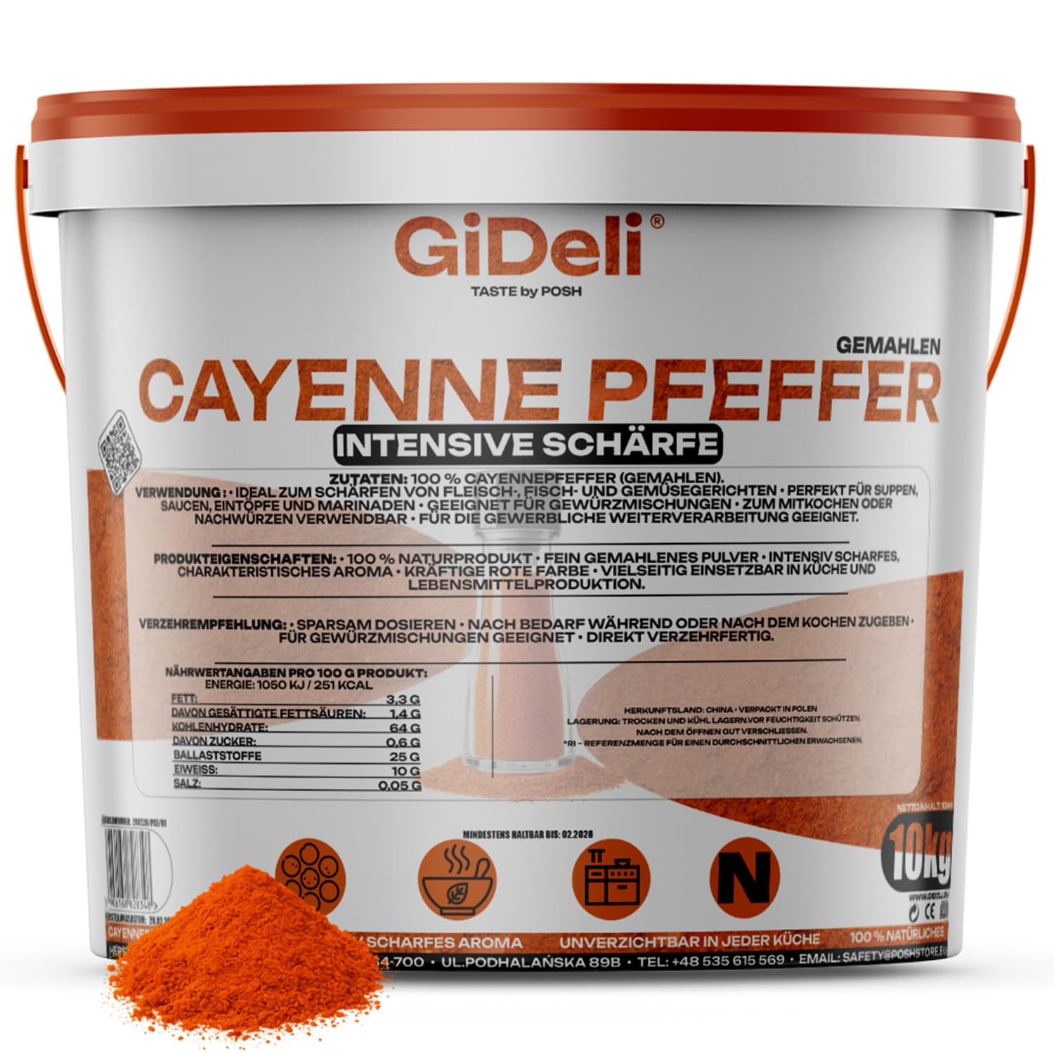 GiDeli Cayenne Pfeffer 10kg im Eimer - Fein Gemahlenes Chilipulver für Fleisch, Fisch, Suppen und Soßen - Mexikanische und asiatische Küche - Scharf Intensiver Geschmack - 100% Naturprodukt