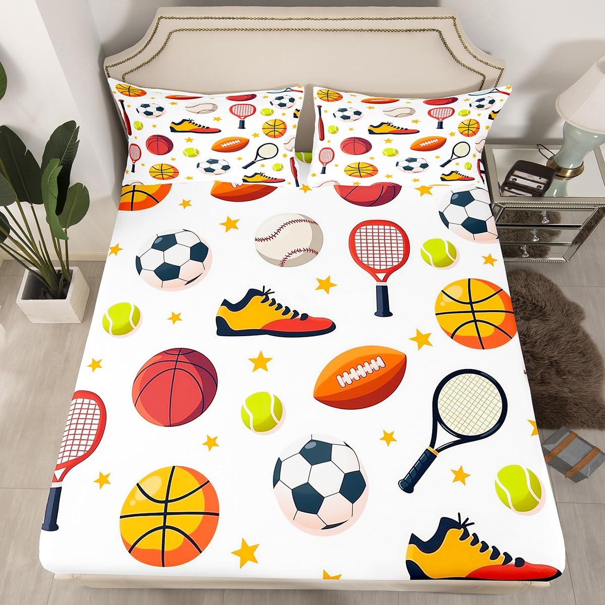 Boys Sports Fitted Sheet Twin Size,Basketball Baseball Soccer Rugby Mattress Cover for Bedroom,Cartoon Ball Games White Polyester Bed Cover (No Top Sheet),1 Fitted + 1 Pillowcase