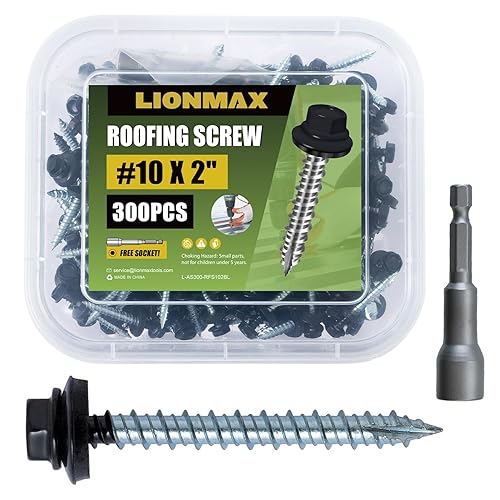 Miniatura 1 de LIONMAX Tornillos de metal para techos #10 × 2 pulgadas, 300 unidades, tornillos de techo de chapa de metal pintado de marrón, arandela de goma,