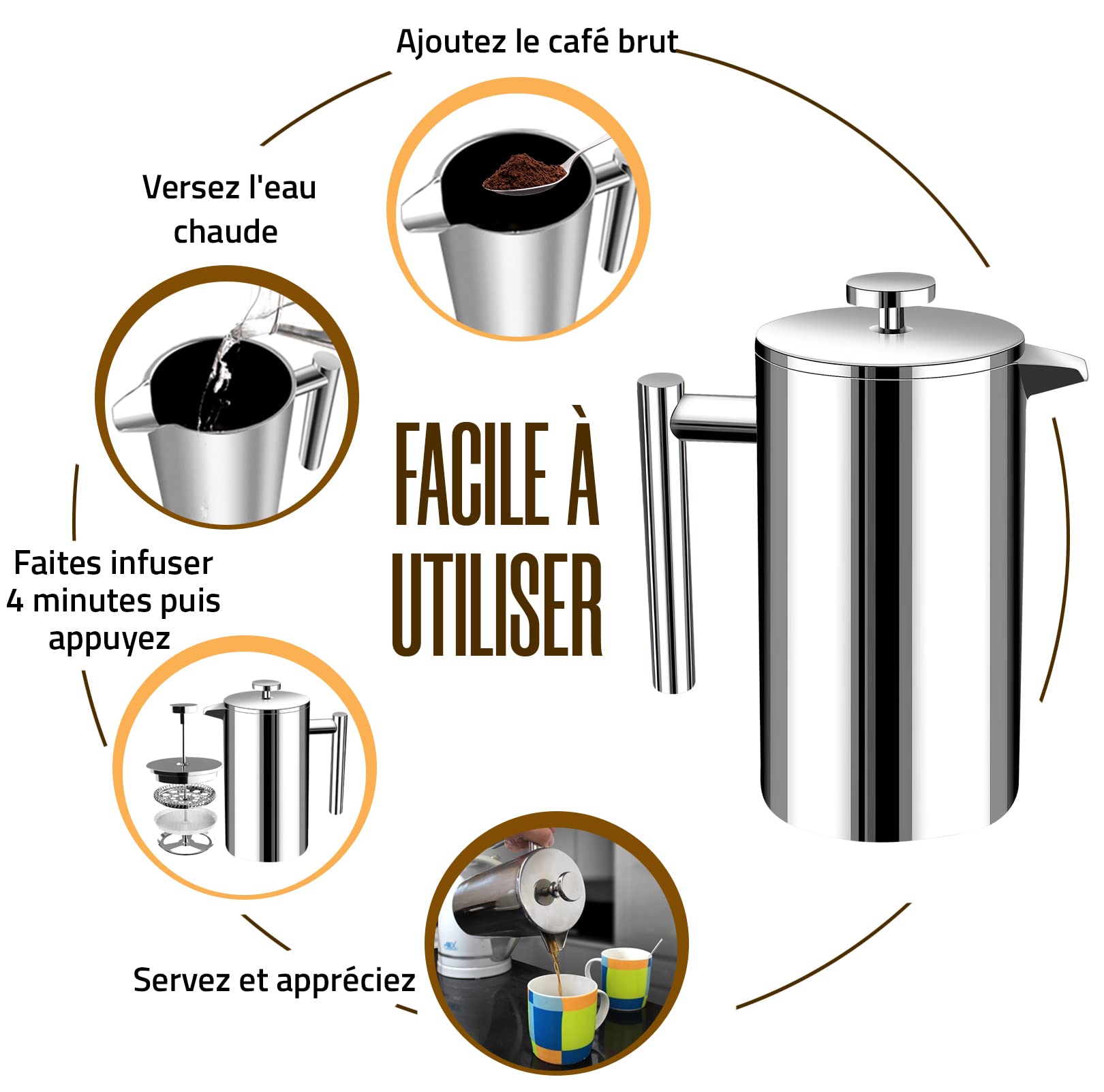 KICHLY Cafetière à piston en acier inoxydable - Machine à expresso et à thé avec triple filtres - Verre résistant à la chaleur avec piston en acier - Cafetière portable - 34 oz (1,0 litre) - Argent
