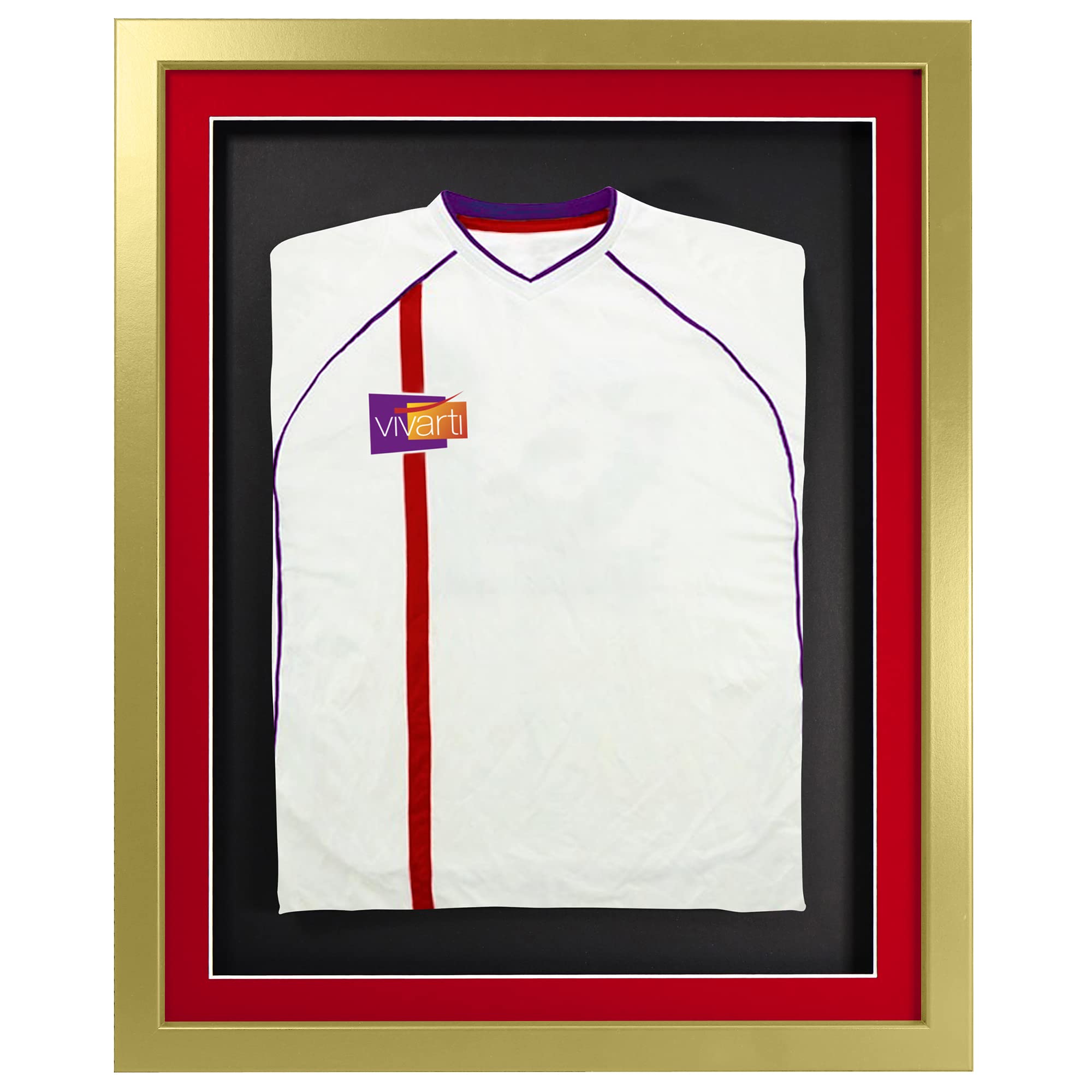 Vivarti DIY Infant 3D Mounted Sports Shirt Display Frame for Football Shirt, Rugby Shirt, Band T-Shirt Shadow Box - 40 x 50cm - Gold Frame, Red Mount, Black Backing Card