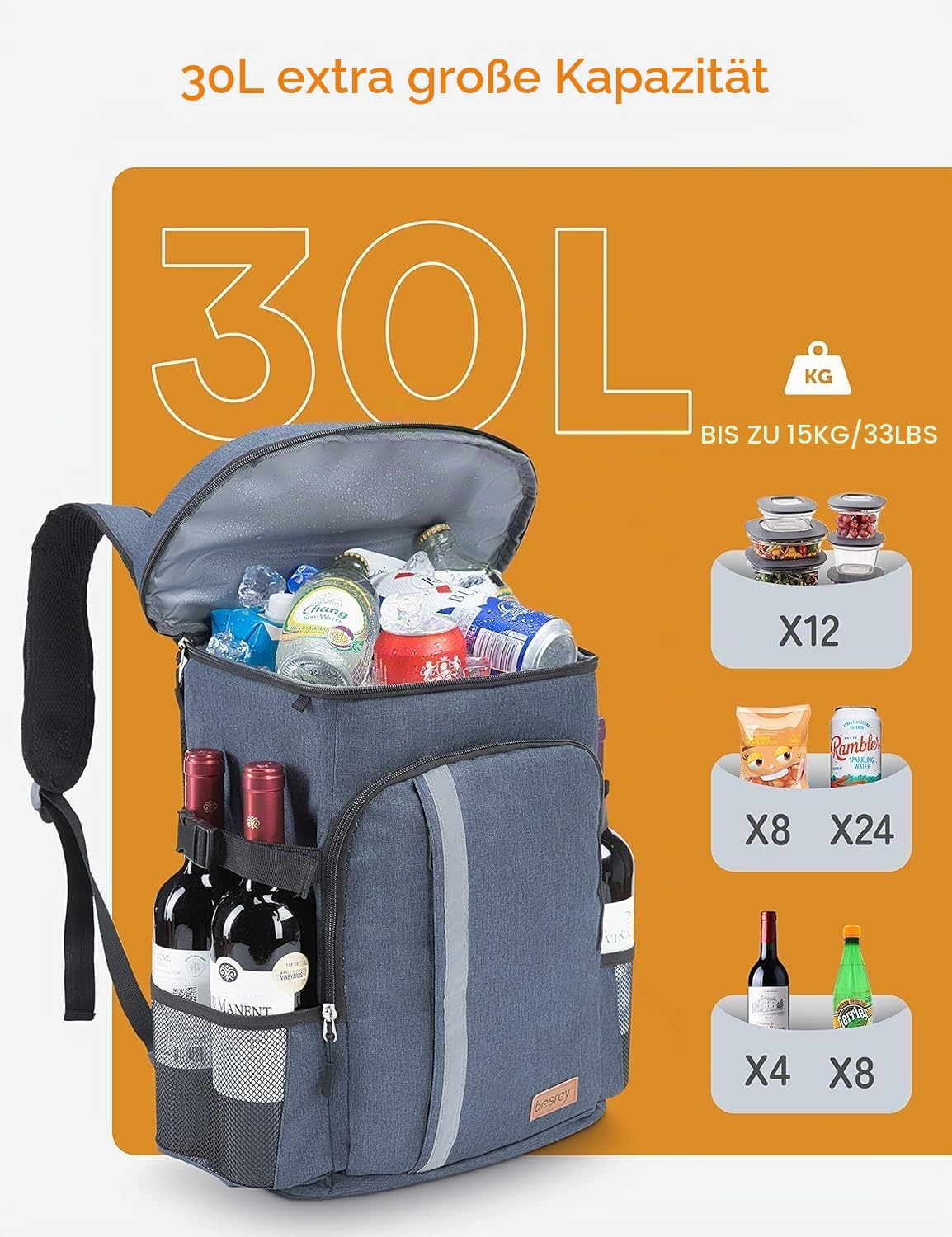 besrey Thermo-Rucksack, 30 l, Thermo-Rucksack, isoliert, hält Lebensmittel warm oder kalt, für Camping, Picknick, Grillen, Veranstaltungen (blau)
