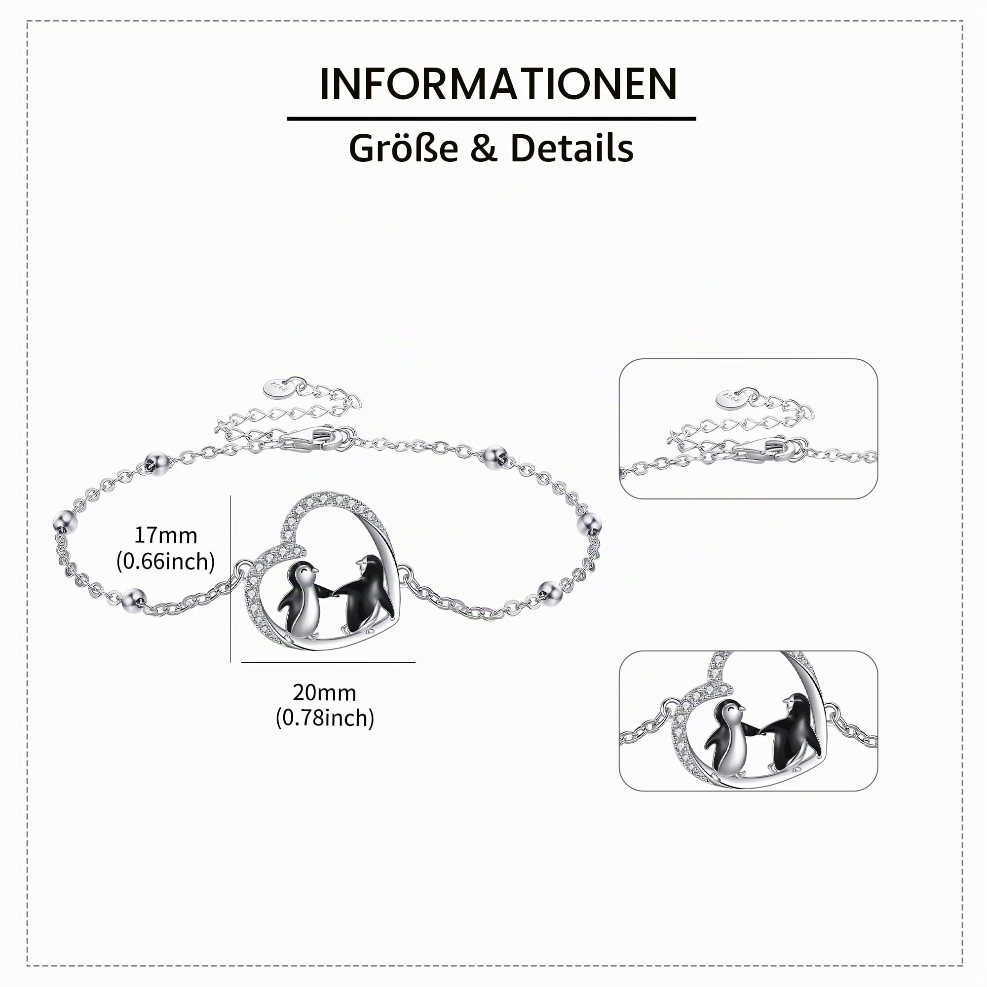 URONE Pinguin-Armband aus Sterlingsilber Pinguin-Herz-Tier-Anhänger Pinguin-Schmuck Geschenke für Frauen und Mädchen