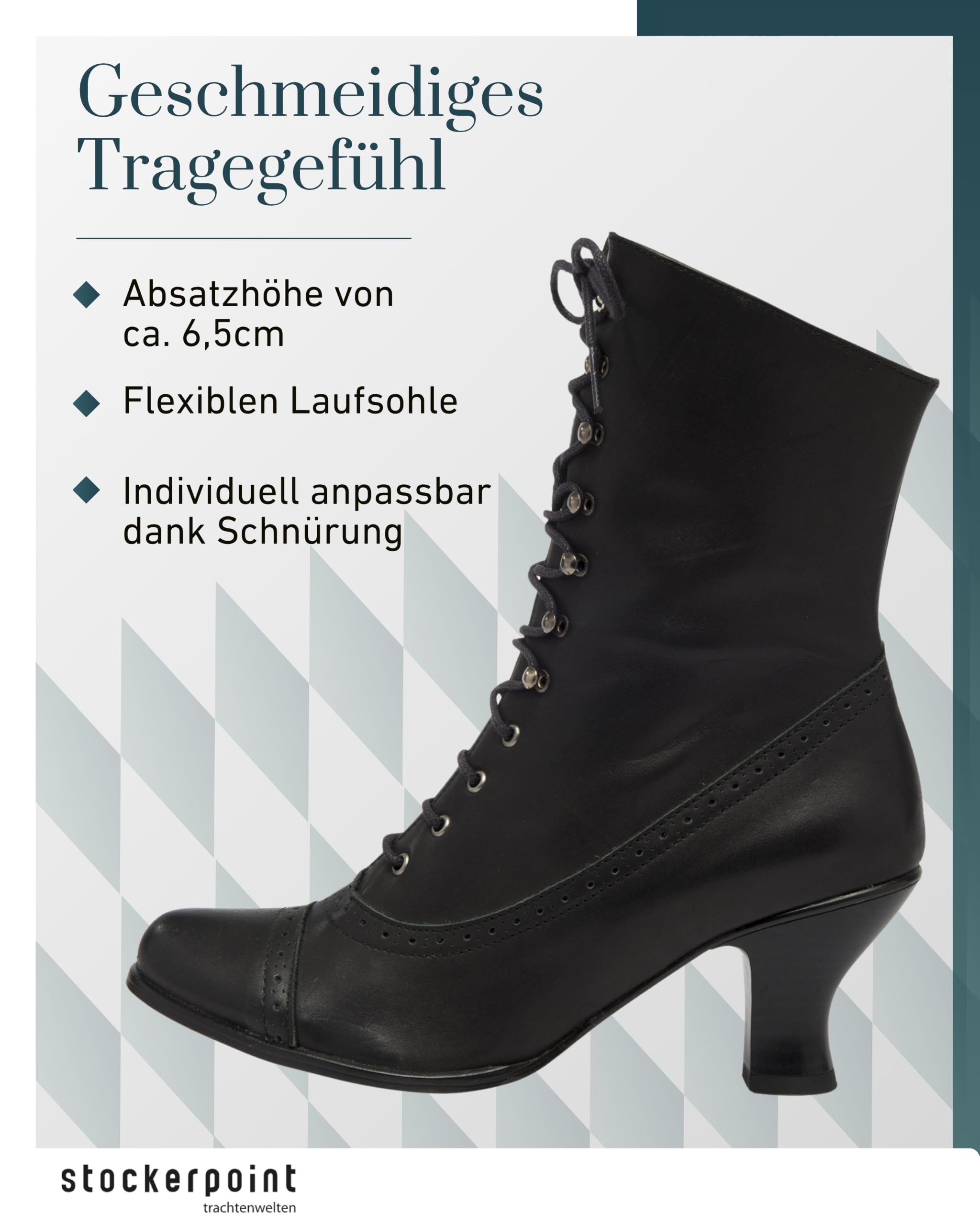 Stockerpoint Damen Stiefel 4490 I Größe 36-42 I Elegante Schuhe aus Echtleder mit Schnürung & Reißverschluss I Bequemer 6,5 cm Absatz I Perfekt für Trachten & Festlichkeiten