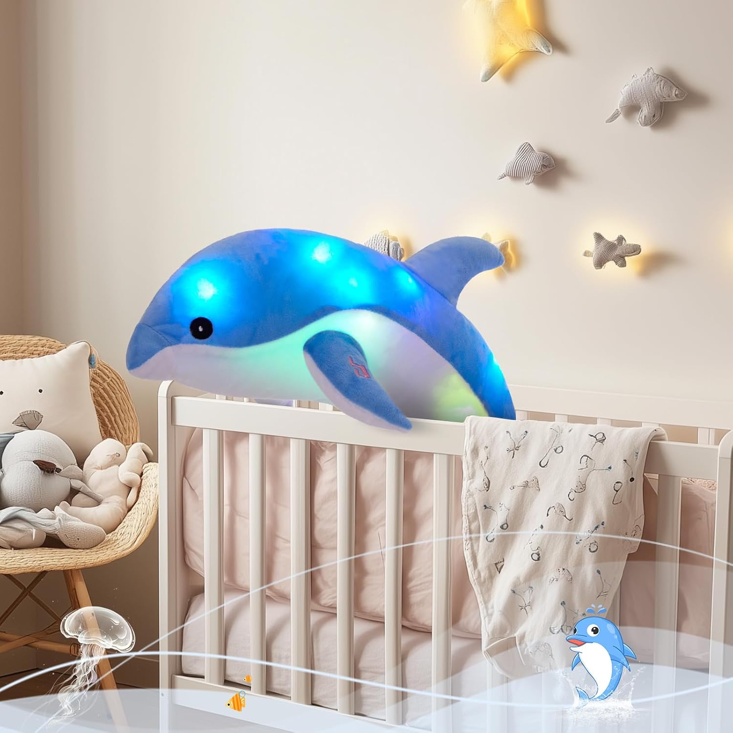 Glow Guards Light up Musical Stuffed Dolphin Ocean Life Soft Plush Toy with LED Night Lights Nursery Songs Glow Singing Sea Animals Birthday for Toddler Kids, 18''
