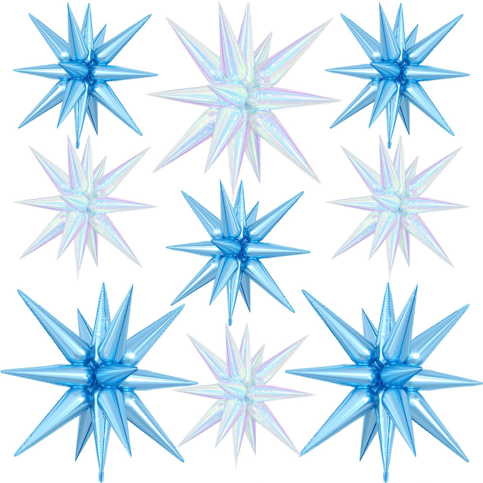 9Pcs Light Blue and Iridescent Star Balloons, Large Explosion Foil Balloons, Metallic Mylar Spike Balloon for Frozen Birthday Anniversary Snowflake Sea Party Supplies, 3Pcs 27 Inch & 6 Pcs 22 Inch — image 1