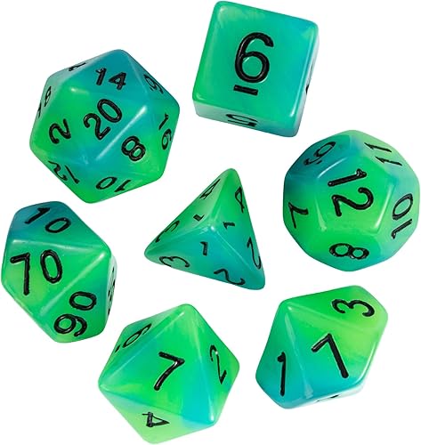 Miniatura 9 de Dados DND que brillan en la oscuridad, 7 piezas de troqueles poliédricos luminosos con bolsa de troquel de cuero, dados D&D brillantes para
