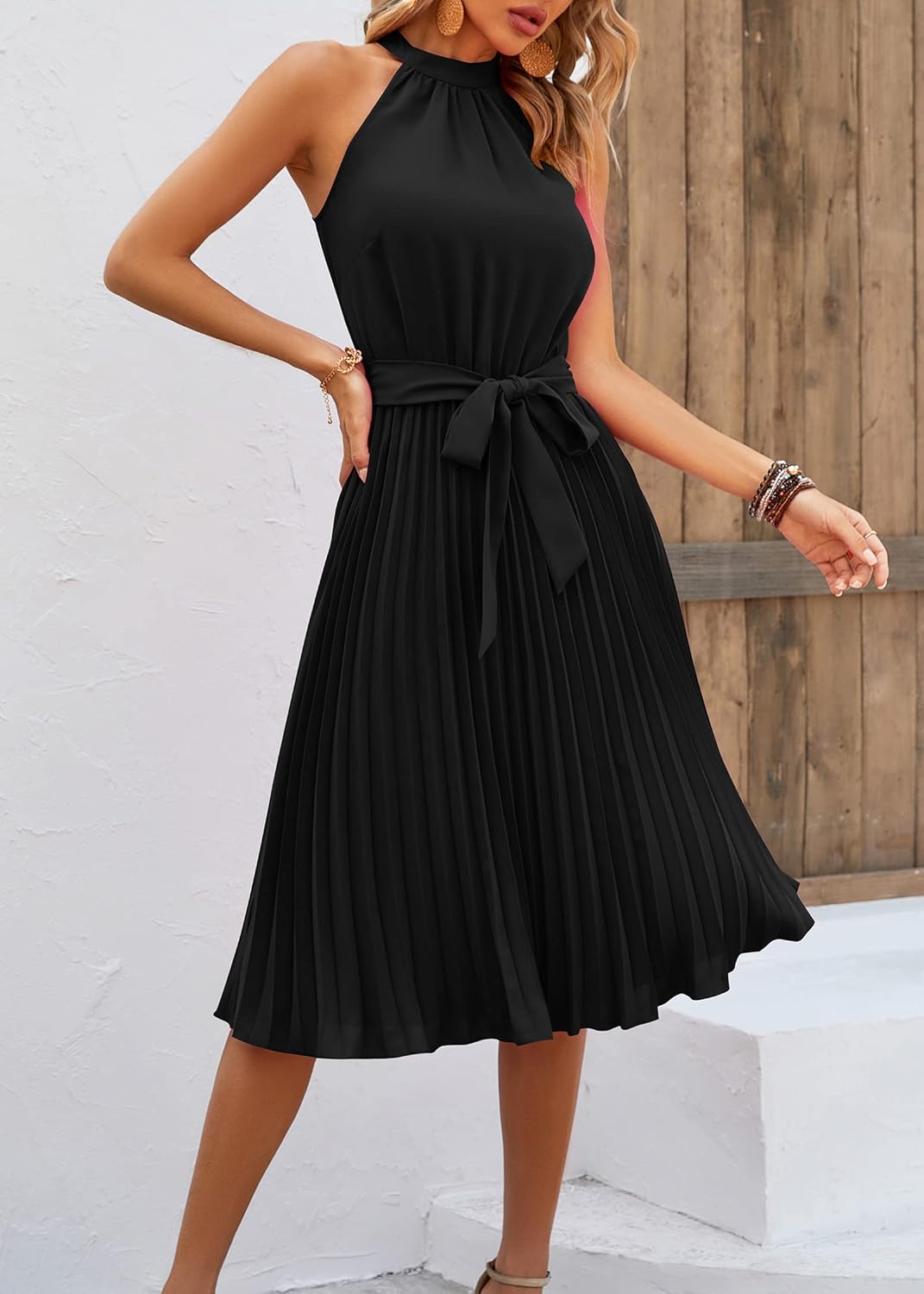 KIRUNDO Women's 2026 Summer Sleeveless Halter Neck Pleated Midi Cocktail Dresses A Line Flowy Beach Sun Dress with Belt - Image 3